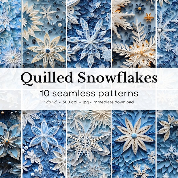 Quilled Snowflakes -  10 seamless  patterns, 12'x12', 300dpi - seamless digital paper pack - Scrapbooking, digital background