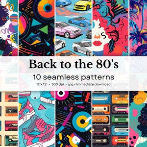 May include: A set of 10 digital seamless patterns featuring retro 80s themes. The patterns include cassette tapes, sneakers, geometric shapes, palm trees, and women with big hair.