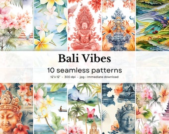 Puede incluir: Un conjunto de 10 patrones digitales sin costuras que presentan ilustraciones de acuarela de la cultura balinesa, incluyendo flores, templos y deidades. Los patrones miden 30,5 cm por 30,5 cm y 300 dpi.