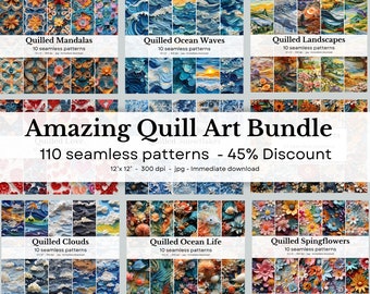 May include: A digital download bundle of 110 quilled paper art patterns. The patterns are arranged in a grid with titles like "Quilled Mandalas", "Quilled Ocean Waves", and "Quilled Landscapes". The bundle includes a 45% discount.