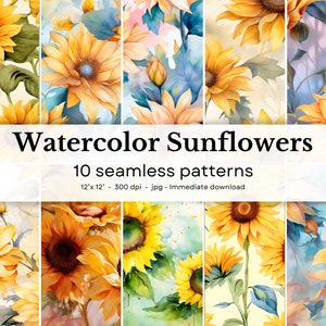 Watercolor Sunflowers - 10 seamless patterns, 12&#39;x12&#39;, 300dpi - seamless digital paper pack - Scrapbooking, digital background