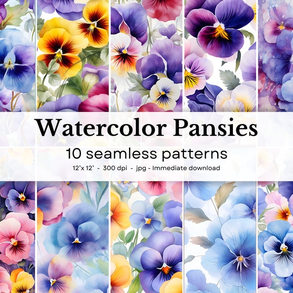 Watercolor Pansies - 10 seamless patterns, 12'x12', 300dpi - seamless digital paper pack - Scrapbooking, digital background