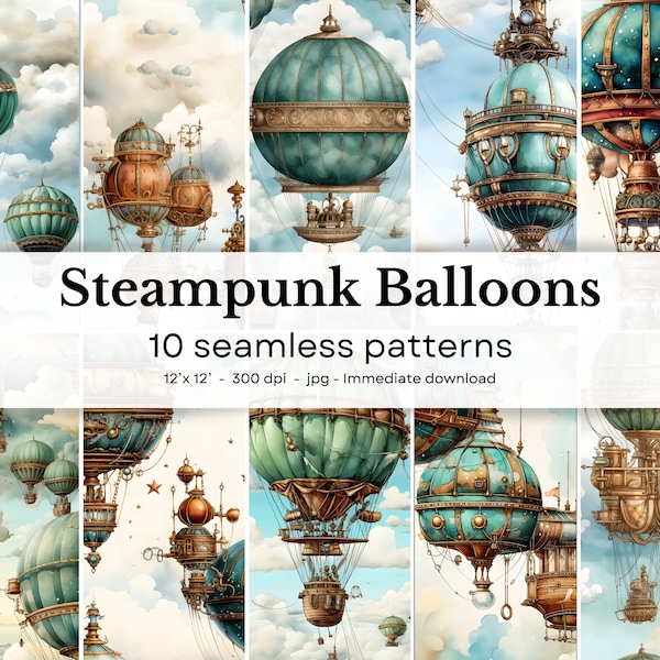 Steampunk Balloons - 10 watercolor seamless patterns, 12'x12', 300dpi - seamless digital paper pack - Scrapbooking, digital background.