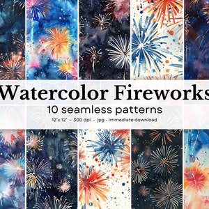 Watercolor Fireworks - 10 seamless patterns, 12'x12', 300dpi - seamless digital paper pack - Scrapbooking, digital background, ...