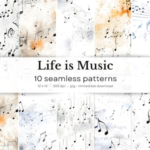 Das Leben ist Musik - 10 Aquarell Muster, 30'x30', 300dpi, 300dpi, digitales Papier, 300dpi, Scrapbooking, digitaler Hintergrund, ...