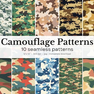 Camouflage Patterns - 10 seamless patterns, 12'x12', 300dpi - seamless digital paper pack - Scrapbooking, digital background, digital paper