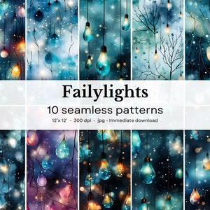 Fairylights - 10 watercolor seamless patterns, 12&#39;x12&#39;, 300dpi - seamless digital paper pack - Scrapbooking, digital background