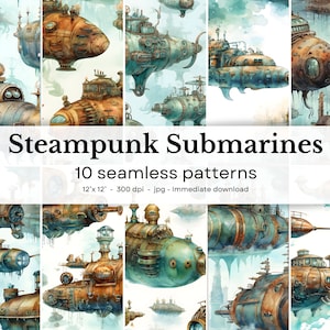 May include: Ten seamless patterns featuring steampunk submarines in a watercolor style. The submarines are detailed with gears, pipes, and windows. The background is a light blue with clouds.