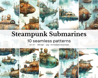 Steampunk Submarines - 10 watercolor seamless patterns, 12&#39;x12&#39;, 300dpi - seamless digital paper pack - Scrapbooking, digital background