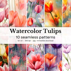 Aquarell Tulpen - 10 nahtlose Muster, 30,5 x 30,5 cm, 300dpi - nahtloses digitales Papier Pack - Scrapbooking, digitaler Hintergrund