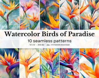 Watercolor Bird of Paradise - 10 seamless patterns, 12'x12', 300dpi - seamless digital paper pack - Scrapbooking, digital background