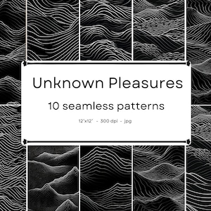 Könnte beinhalten: Ein Set mit 10 nahtlosen Mustern mit abstrakten weißen Linien auf schwarzem Hintergrund. Die Muster sind so gestaltet, dass sie wie Wellen oder Hügel aussehen. Der Text "Unknown Pleasures" und "10 seamless patterns" wird in Weiß auf schwarzem Hintergrund angezeigt.