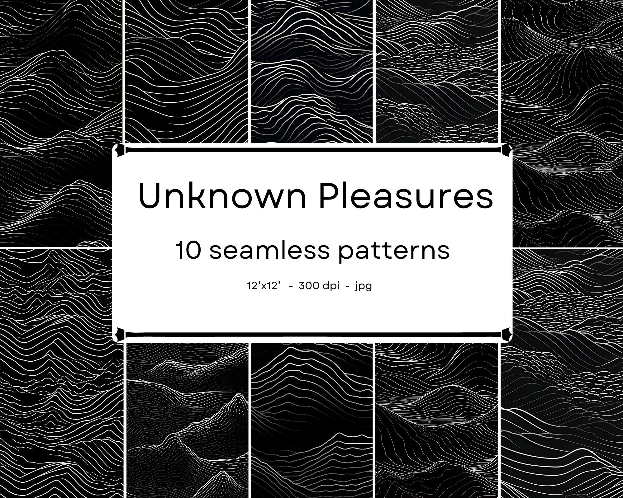Unknown Pleasures - seamless patterns - inspired by Joy Division's popular album cover. 10 12'x12', 300dpi - seamless digital paper pack