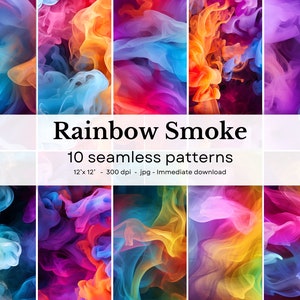 May include: A collection of ten seamless patterns featuring vibrant, swirling rainbow-colored smoke. The patterns are displayed in a grid, showcasing a spectrum of colors including blues, oranges, pinks, and purples. Text overlay reads "Rainbow Smoke" and pattern details.