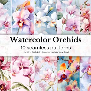 Könnte beinhalten: Zehn nahtlose digitale Muster mit Aquarell-Illustrationen von Orchideen in verschiedenen Farben und Anordnungen. Die Muster sind 30,48 cm x 30,48 cm groß und haben eine Auflösung von 300 dpi.