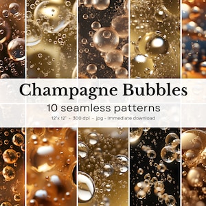 May include: A set of 10 seamless patterns featuring abstract images of champagne bubbles in gold and brown tones.