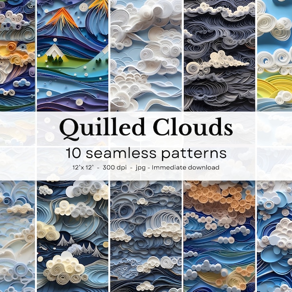 Quilled Clouds - 10 seamless patterns, 12'x12', 300dpi - seamless digital paper pack - Scrapbooking, digital background