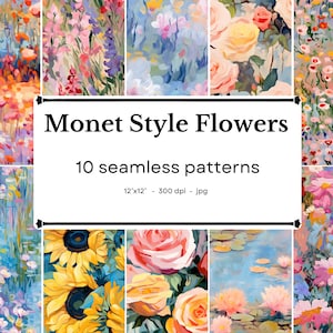 Blumen inspiriert von Monet - 10 nahtlose Muster, 12'x12', 300dpi - nahtloses digitales Papierpaket - Scrapbooking, digitaler Hintergrund