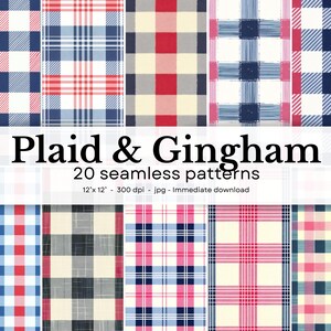 May include: A collection of 20 seamless plaid and gingham patterns in various color combinations, including red, blue, and white. The patterns are displayed in a grid format, with the text "Plaid & Gingham" and product details at the bottom.