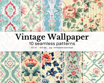 Papier peint vintage - 10 motifs aquarelles sans couture, 12'x12', 300dpi - paquet de papier numérique sans couture - scrapbooking, arrière-plan numérique, ...