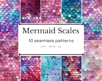 May include: Ten seamless digital patterns featuring mermaid scales in various shades of pink, purple, and blue. Each pattern is 12 inches by 12 inches and 300 dpi.