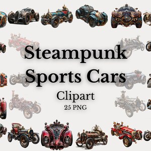 Steampunk Sports Cars - Clipart - Transparent background. 25  12&#39;x12&#39;   300dpi  PNG - Digital Download, Paper Craft, Junk Journal, ....