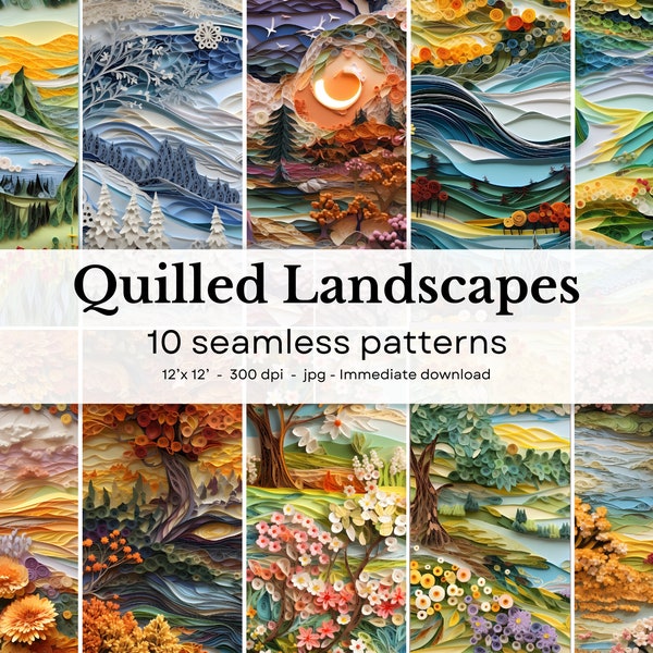 Quilled Landscapes -  10 seamless  patterns, 12'x12', 300dpi - seamless digital paper pack - Scrapbooking, digital background