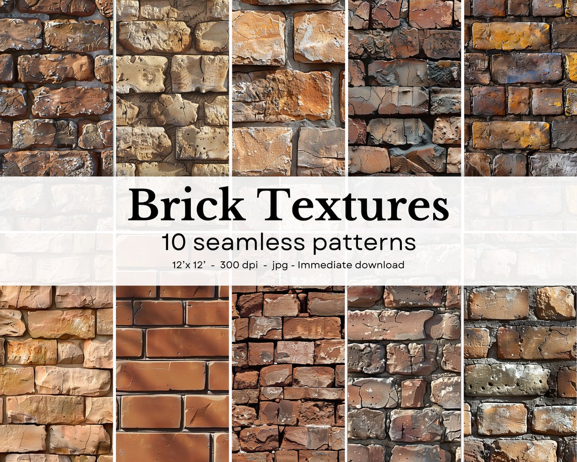 Brick Textures 10 Seamless Patterns, 12'x12', 300dpi Seamless Digital ...