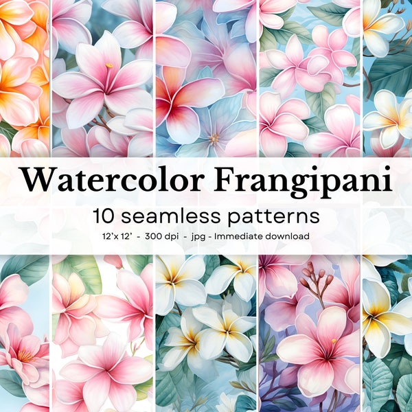 Watercolor Frangipani - 10 seamless patterns, 12'x12', 300dpi - seamless digital paper pack - Scrapbooking, digital background