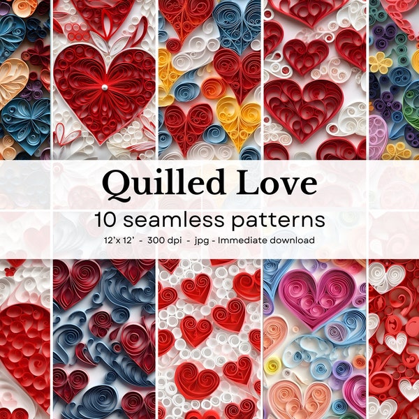 Quilled Love - 10 seamless Valentine's Day patterns, 12'x12', 300dpi - seamless digital paper pack - Scrapbooking, digital background