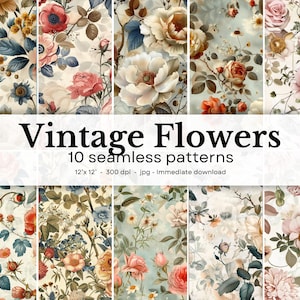 Vintage Flowers - 10 seamless patterns, 12&#39;x12&#39;, 300dpi - seamless digital paper pack - Scrapbooking, digital background