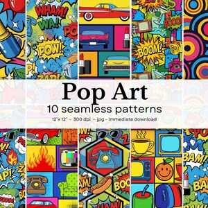 May include: A collection of ten seamless Pop Art patterns. The designs feature comic book style elements like "POW!" and "BOOM!" exclamations, lipsticks, cars, and retro telephones. The patterns are 12x12 inches and available for immediate download.