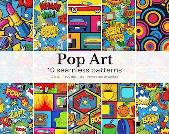 Pop Art - 10 modèles sans couture. 12'x12', 300dpi - paquet de papier numérique transparent - Scrapbooking, arrière-plan numérique, ...
