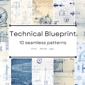 Technical Blueprints -  10 seamless patterns. 12&#39;x12&#39;, 300dpi - seamless digital paper pack - Scrapbooking, digital background, ...