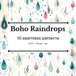 Könnte beinhalten: Zehn nahtlose Muster mit bunten Boho-Regen Tropfen in verschiedenen Stilen. Die Muster sind 12 Zoll mal 12 Zoll groß und haben 300 dpi.