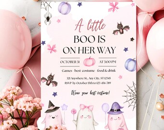 Rosa spökinbjudan till babyshower: Halloween-inbjudan till flicka (utskrivbar eller digital mall)