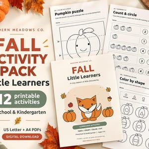 Könnte beinhalten: Ein druckbares Herbst-Aktivitätenpaket für Vorschule und Kindergarten mit 12 Seiten voller Lernaufgaben wie Kürbis-Puzzles, Zählen und Formen ausmalen. Das Deckblatt zeigt eine Fuchs-Illustration mit dem Text Fall Little Learners.