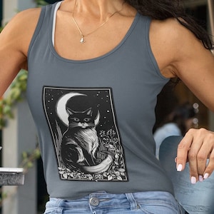 Moonlit Whiskers - Cat and Moon Tarot Card - Women's Racerback Tank - Unique Cat Lover Gift