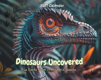 May include: A 2027 calendar titled Dinosaurs Uncovered: Fun Facts from Prehistoric Giants, featuring a detailed illustration of a dinosaur head with textured scales, a prominent orange eye, and dark spikes, surrounded by dark foliage and paw prints.