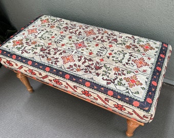 Floral Pattern Bench, Bench with Cushion, Ottoman Bench, Bench for Bedroom, Wooden Leg Bench, Hallway Bench, Upholstered Bench, Home Decor,