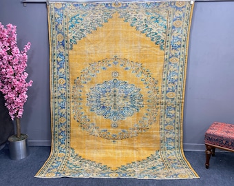 Turkish Vintage Large Rug 5.9x8.2 ft (179x250 cm), Yellow Oriental Rug