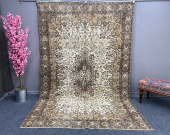 Turks vloerkleed, groot vintage vloerkleed 6,2 x 9,8 ft, bruin oosters wollen vloerkleed