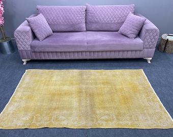 Dywan vintage 3,3 x 6,1 stopy, żółty, wełniany, w stylu tureckim południowo-zachodnim
