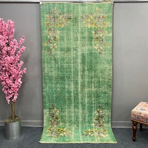 Organic wool rug, Vintage oushak rug, Antique rug, Entry rug, Bathroom rug, Flower design rug, Turkish area rug, Green rug, 3.6x7.4 ft