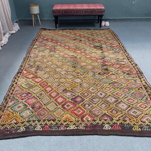 Large Kilim, Turkish Kilim, Vintage Embroidered Kilim, Antique Kilim, Rugs For Bedroom, 5.8x9.5 ft Brown Kilim, Neutral Anatolian Rug