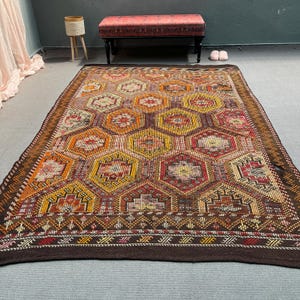 Vintage Kilim, Turkish Kilim, Large Anatolian Kilim, Rugs For Dining Room, 5.9x9.1 ft Brown Kilim, Authentic Embroidered Turkish Kilim,