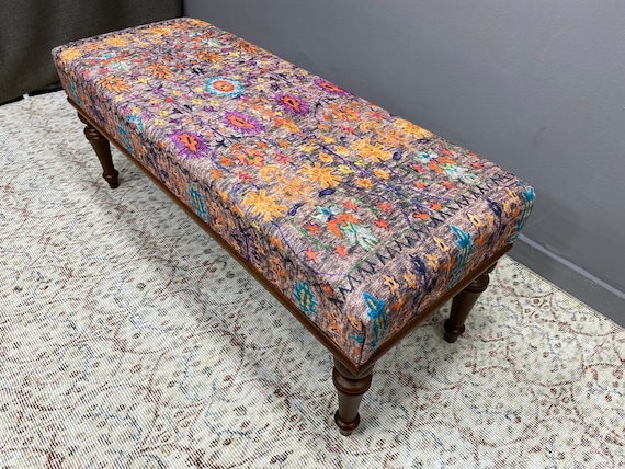 Upholstered rug bench, Ottoman bench, Footrest bench, Handmade furniture, Boho chair, End of bed bench, Entryway bench, Dining table bench