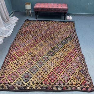 Turkish Kilim, Large Kilim, Vintage Kilim, Embroidered Oushak Kilim, Rugs For Bedroom, 6x8.8 ft Pink Kilim, Hand-Knotted Wool Area Rug,