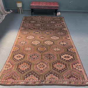 Large Kilim, Vintage Turkish Kilim, Antique Kilim, Rugs For Bedroom, 6x10.2 ft Brown Kilim, Embroidered Kilim With Geometric Patterns,