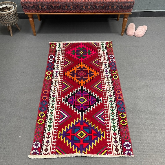 トルコ絨毯キリム ハンドメイド 2 x 4フィート 幾何学模様 トルコ絨毯キリム ハンドメイド 2 x 4フィート 幾何学模様